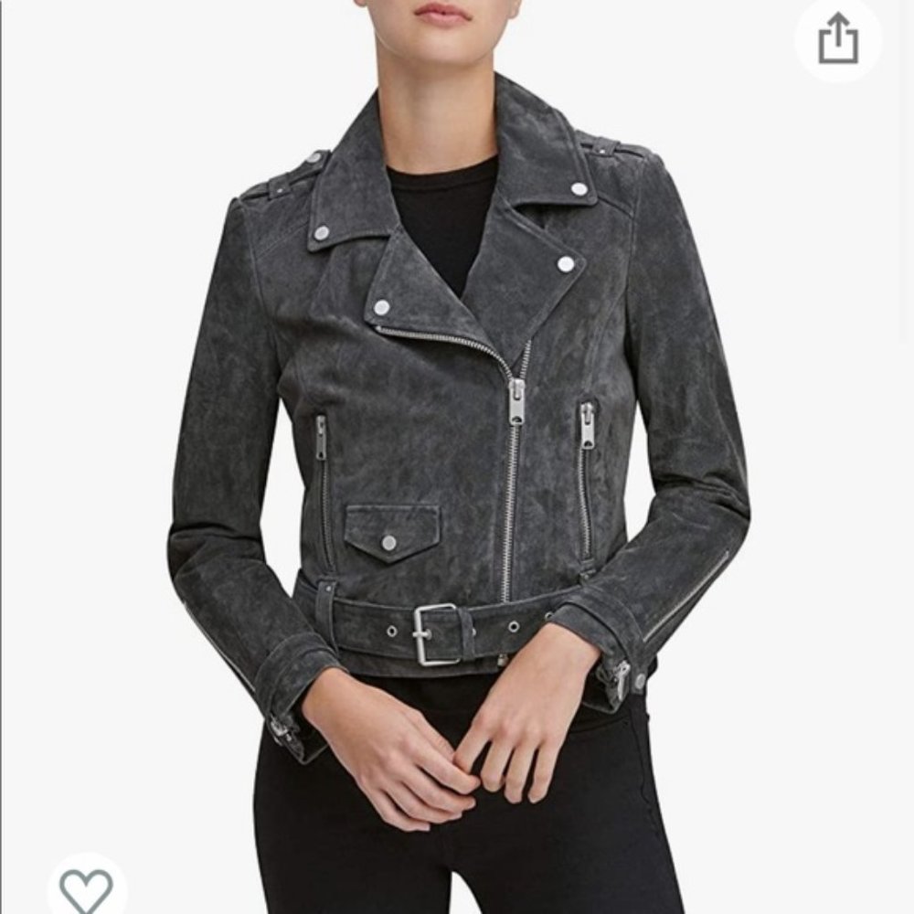Marc New York -  Mark Andrew Gray Suede Leather Moto Jacket